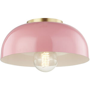Avery 1 Light 11 inch Aged Brass Semi Flush Ceiling Light in Pink Metal