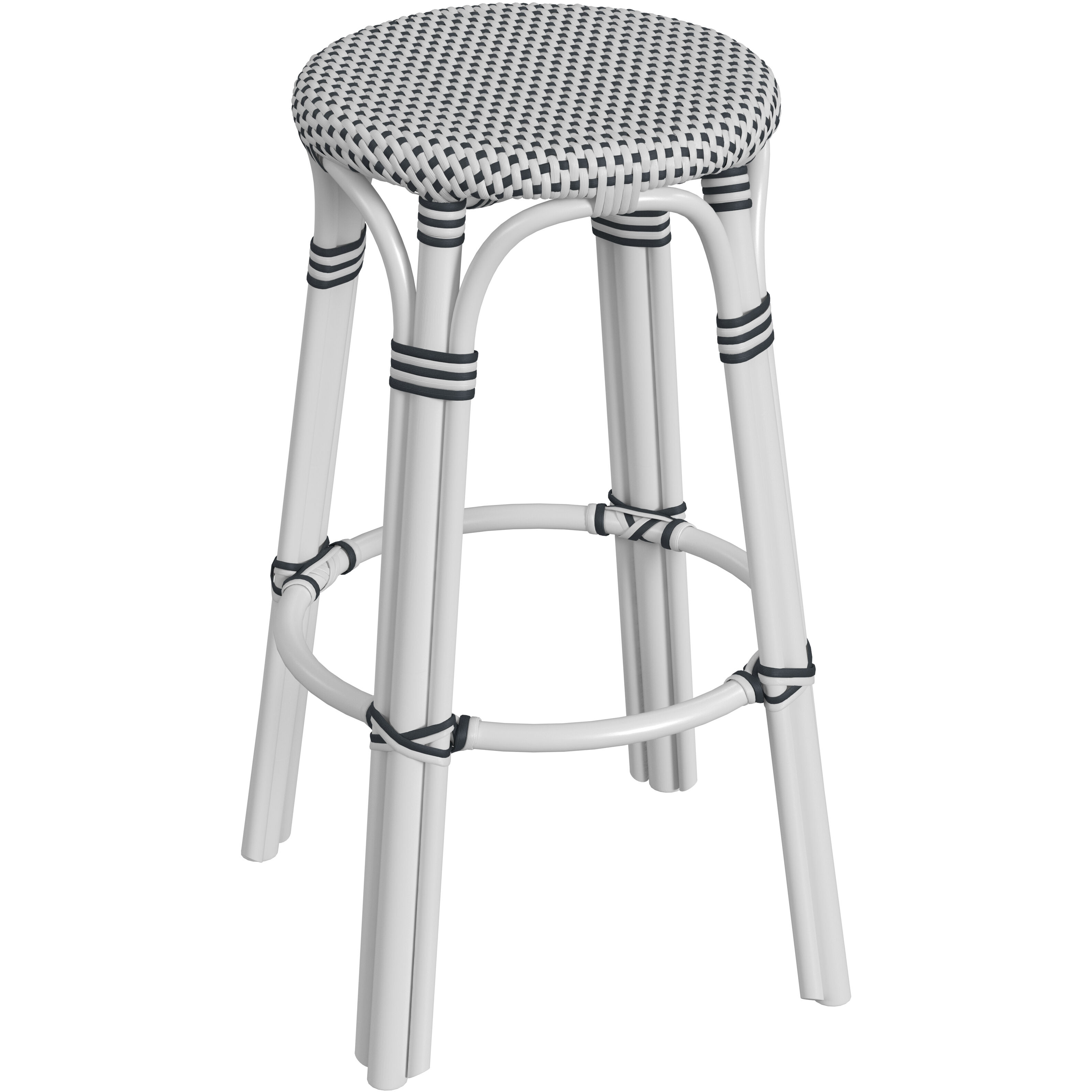 Tobias Round Rattan 30" Bar Stool in White and Black Dot