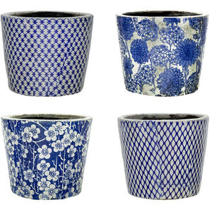 Terracotta Blue and White Outdoor Planter, Set of 4