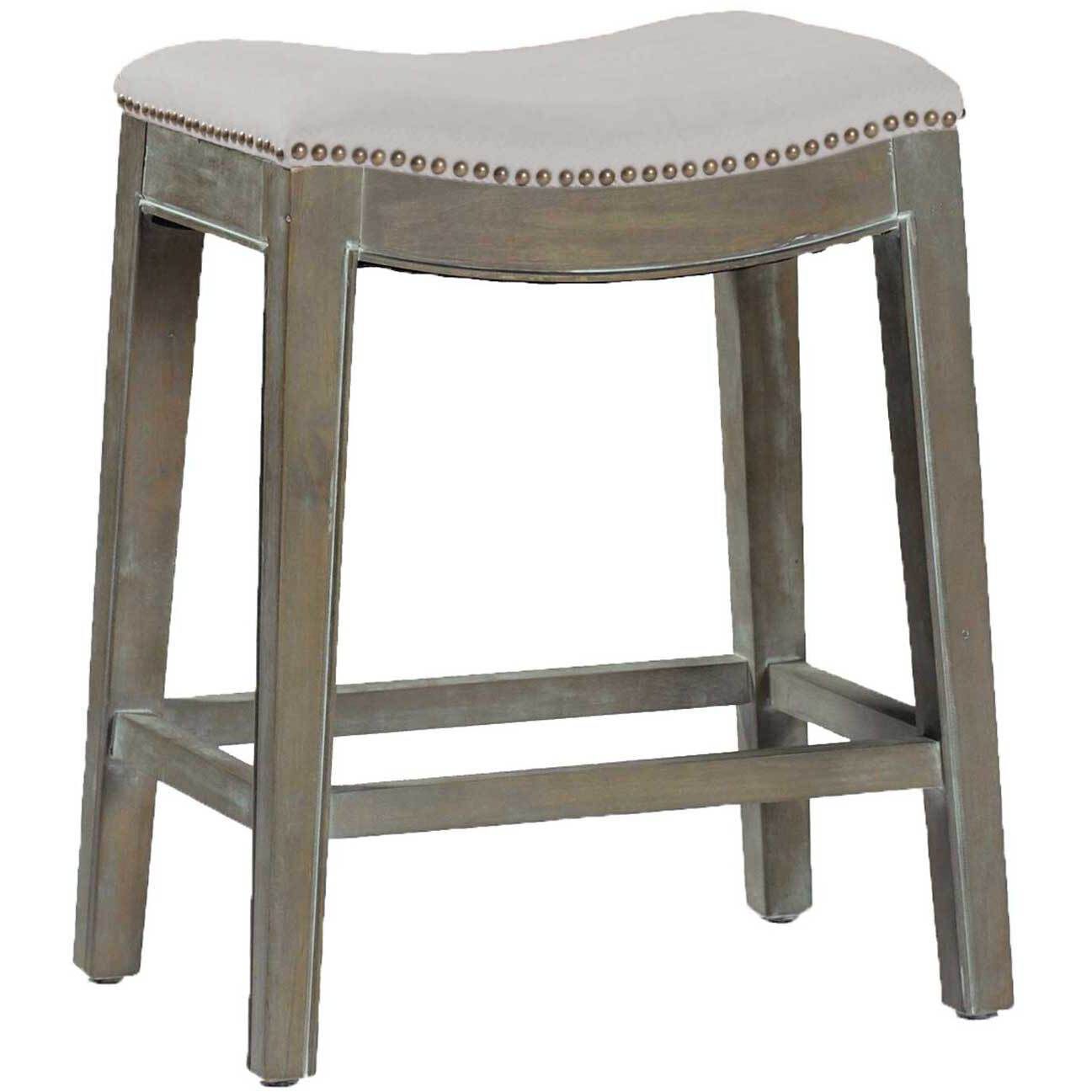 Vivian 24 inch Burnished Oak / Sunbrella Linen Dove / Antique Brass Nailheads Bar Counter Stool
