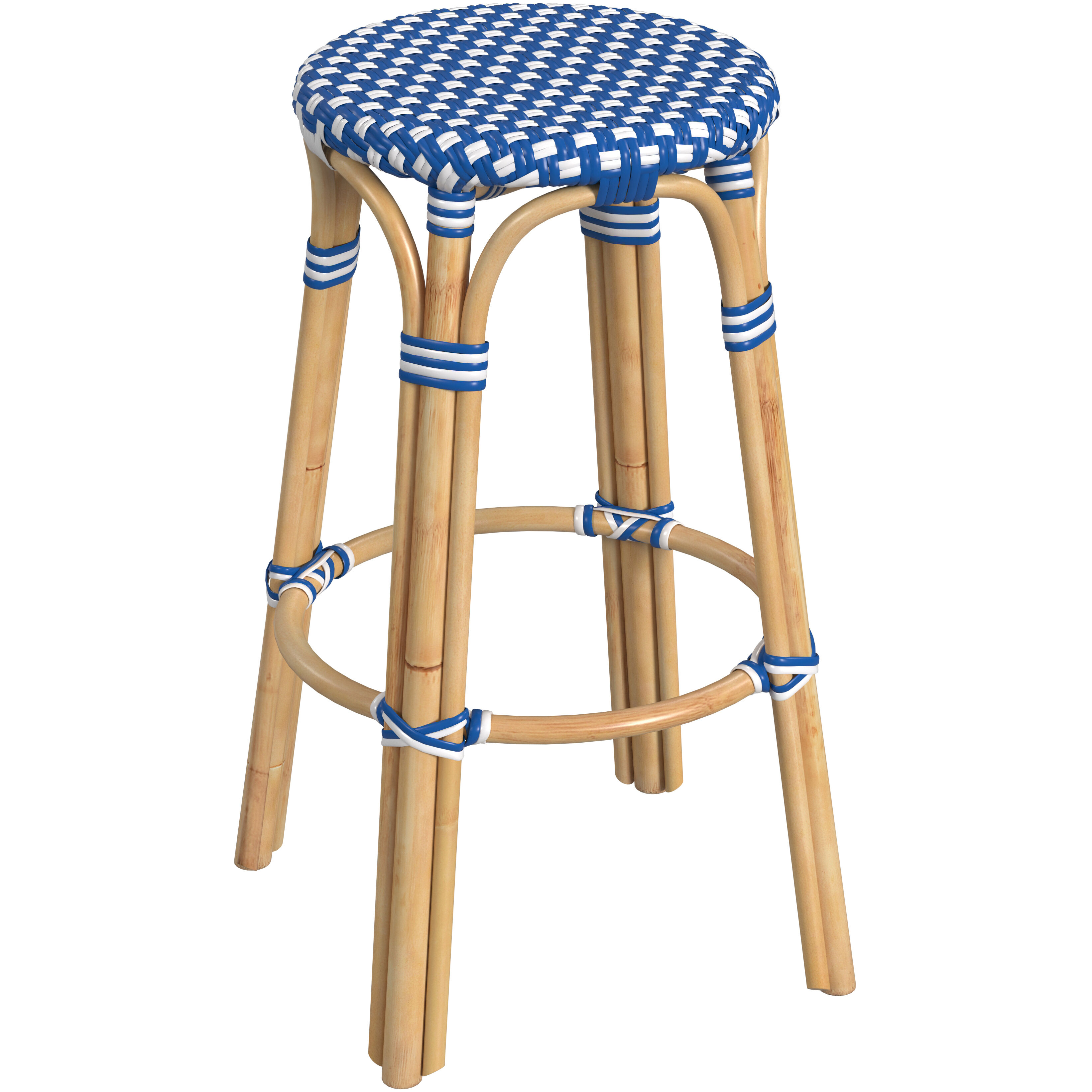 Tobias Round Rattan 30" Bar Stool in Blue and White Dot