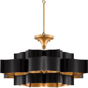 Grand Lotus 6 Light 30 inch Satin Black/Contemporary Gold Leaf Chandelier Ceiling Light, Large, Semi-Flush Convertible