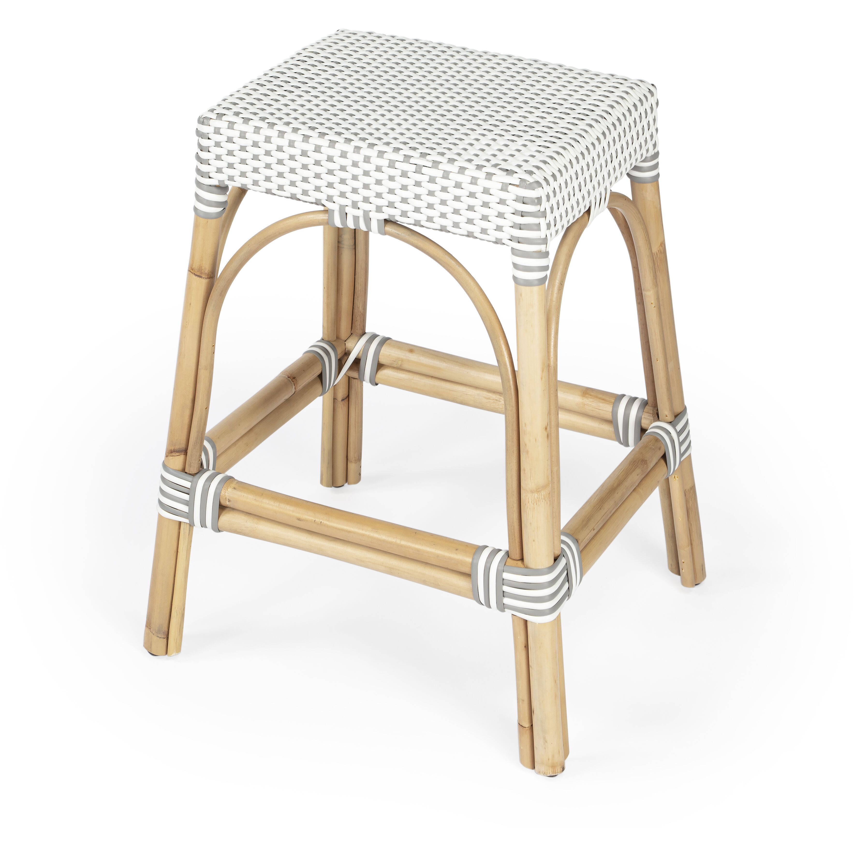 Robias Rectangular Rattan 24.5" Counter Stool in Gray and White Dot