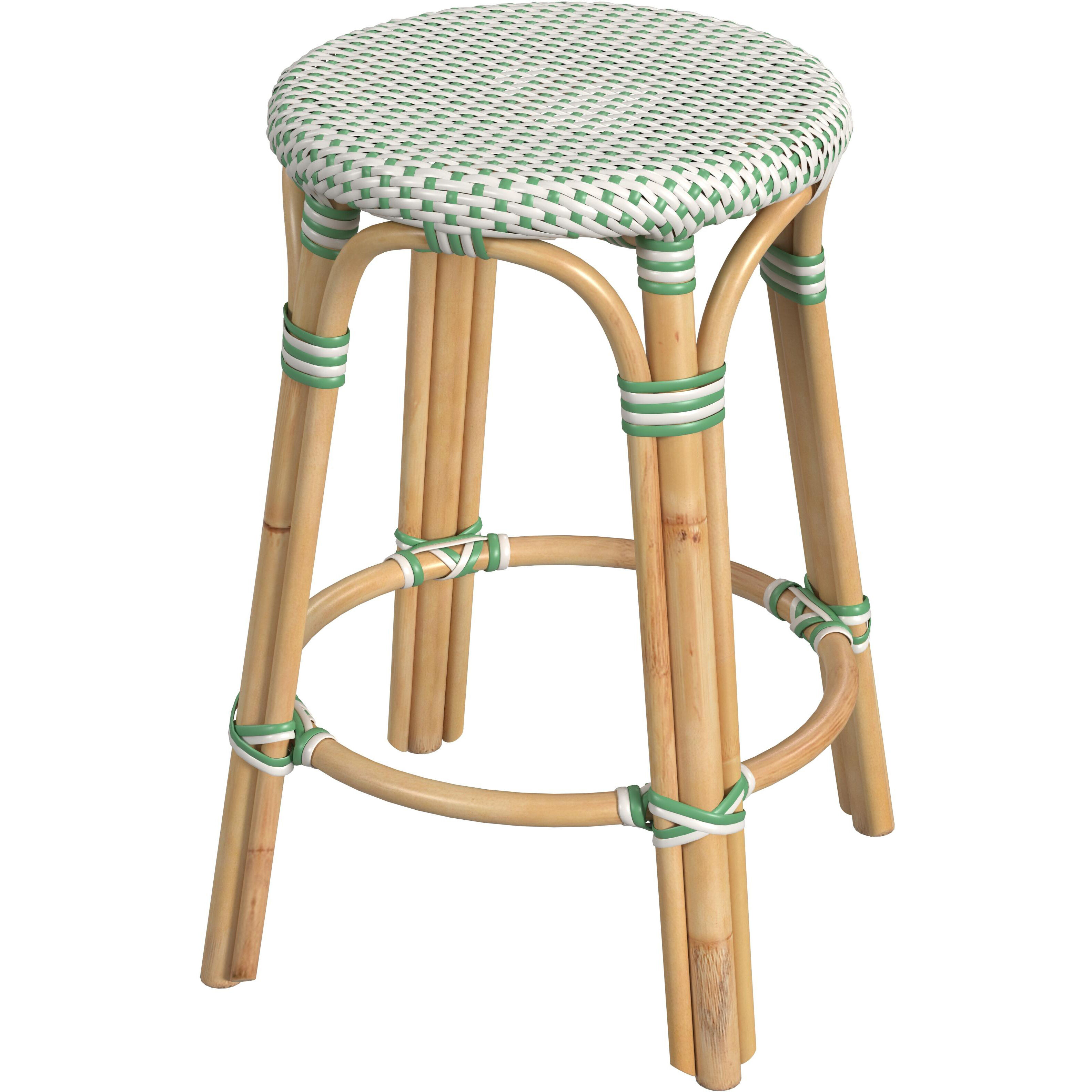 Tobias Rattan Round 24" Counter Stool in White and Green Dot