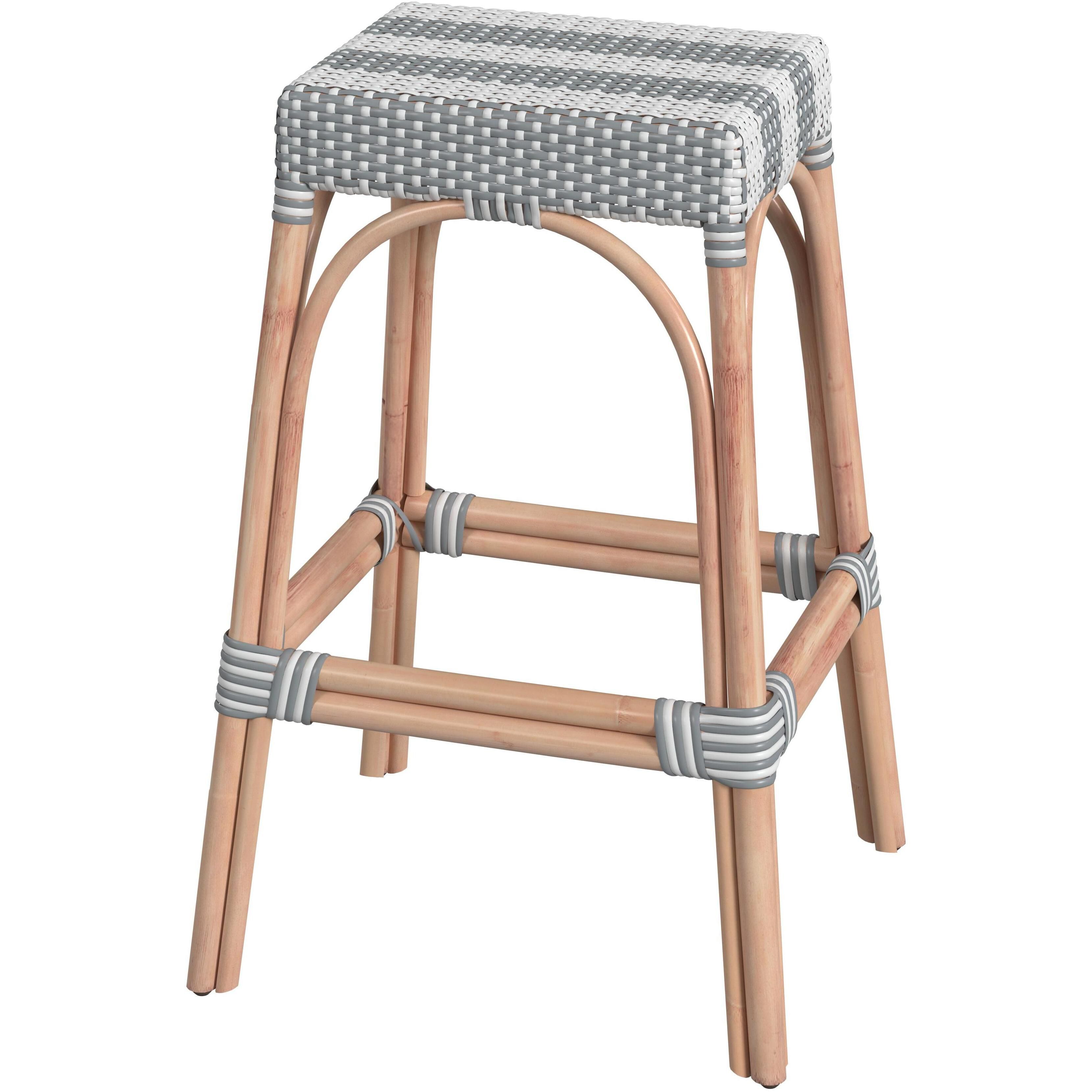 Robias Rectangular Rattan 30" Bar Stool in Gray and White Stripe