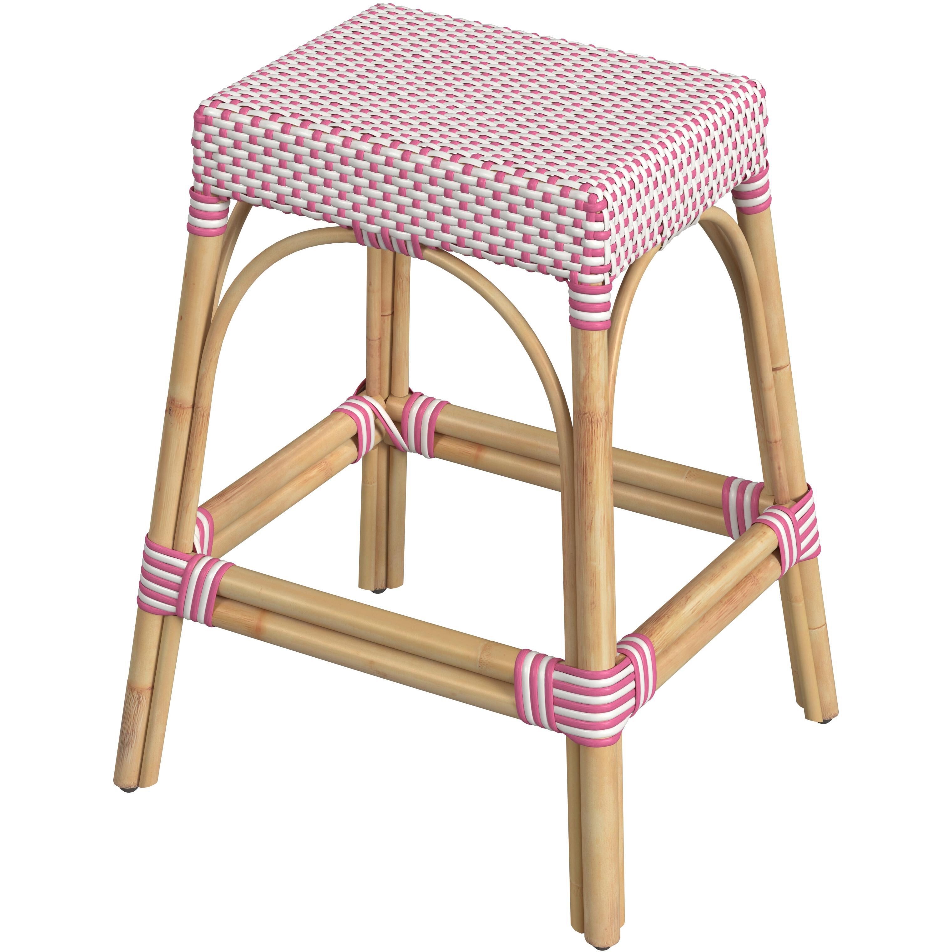 Robias Rectangular Rattan 24.5" Counter Stool in White and Pink Dot